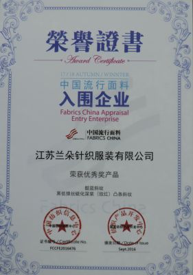 中国流行面料入围证书