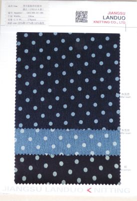 Black low stretch yarn indigo twill discharge printed dot